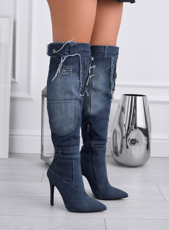 ZENA - Cuissardes en jean bleu à talons hauts aiguilles