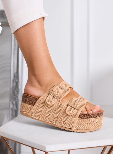 ZETA - Wedge sandals in mud color with braided rope platform and double buckle