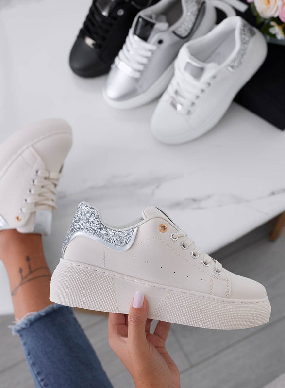 ZORA - Baskets beiges avec talon pailleté argenté