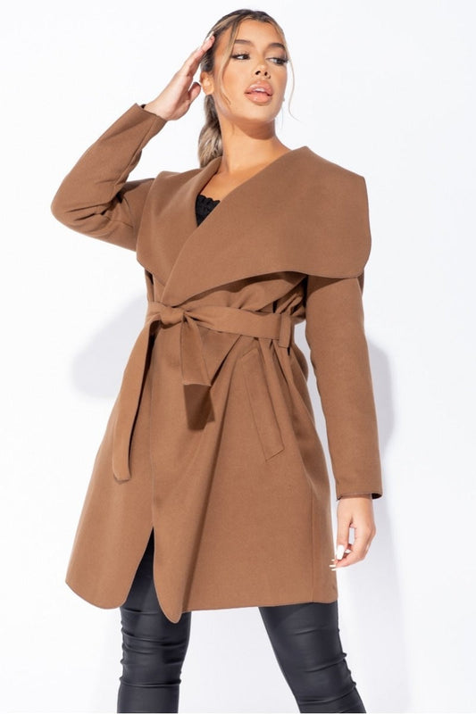 Light brown coat with drawstring waist