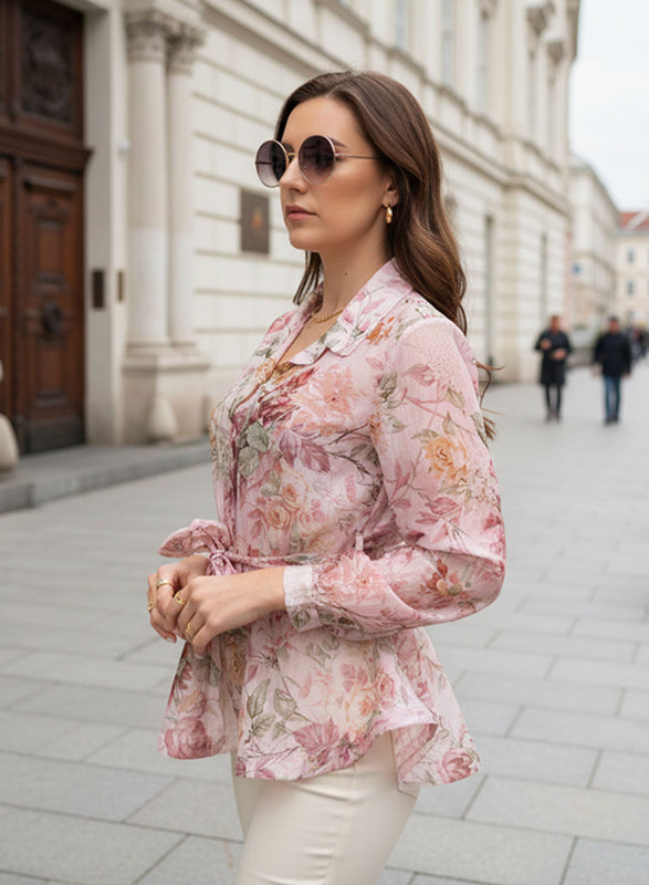 Camicia rosa Floreale con Cintura in Vita e Balze