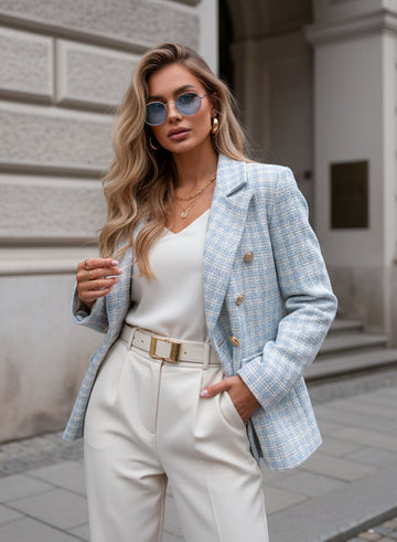 Giacca Donna a Fantasia Tweed bianco e azzurro con Bottoni oro