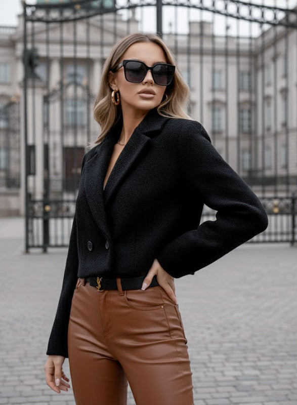 Veste manteau court noir à double boutonnage