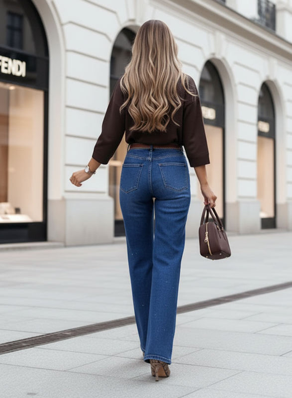 Women's straight-leg blue jeans with sparkling glitter details