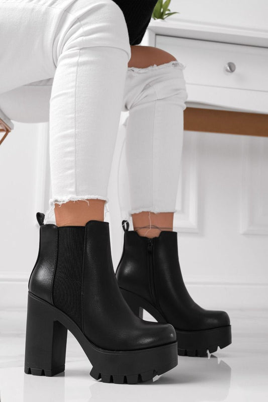 MARLON - Black ankle boots with side spring chunky sole and heels