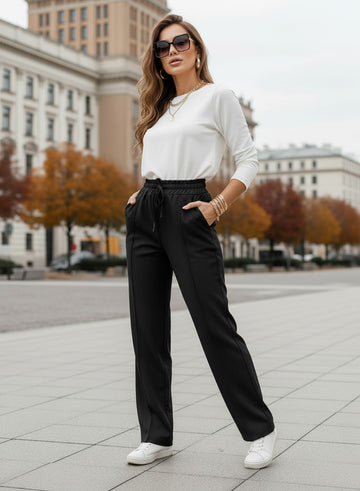 Black trousers with elastic and drawstring waist