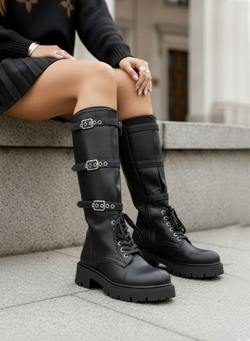 DIAMANTE - High black combat boots with buckles and laces