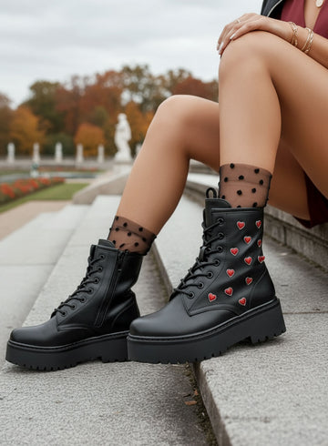 ODESSA - Black combat ankle boots by Alexoo with red heart appliqués