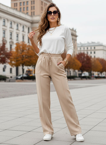 Beige trousers with elastic and drawstring waist