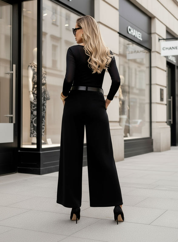 Wide-Leg Black Trousers in Structured Fabric with Belt