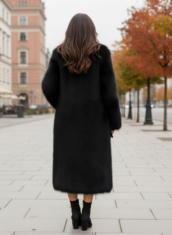 Long-cut black faux fur coat