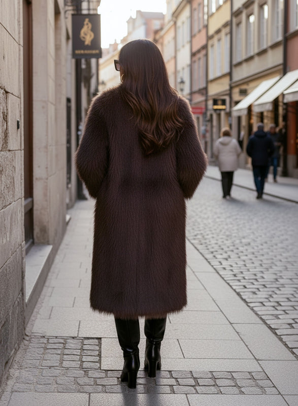 Long-cut coat in brown faux fur