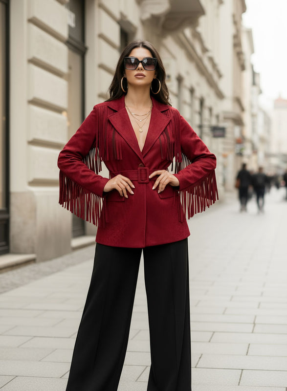 Bordeaux suede jacket with fringes and waist belt