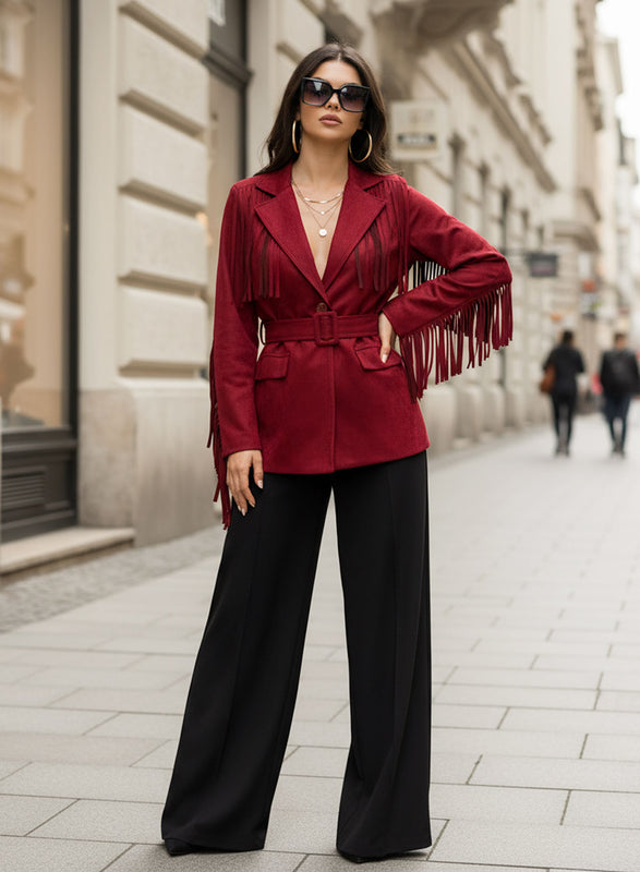 Bordeaux suede jacket with fringes and waist belt