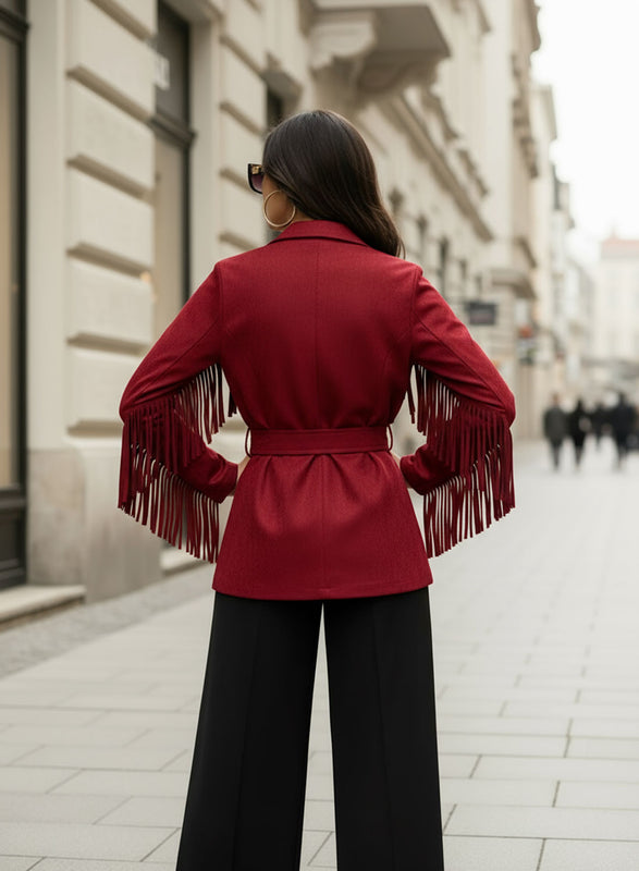 Bordeaux suede jacket with fringes and waist belt