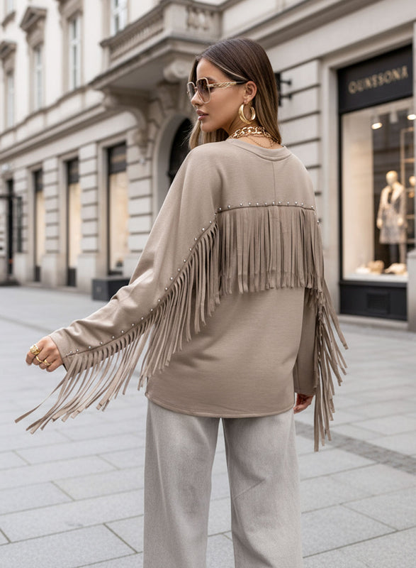 Beige maxi sweater with studs and fringes