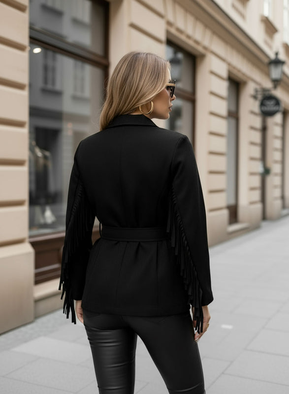 Black suede jacket with fringes and waist belt