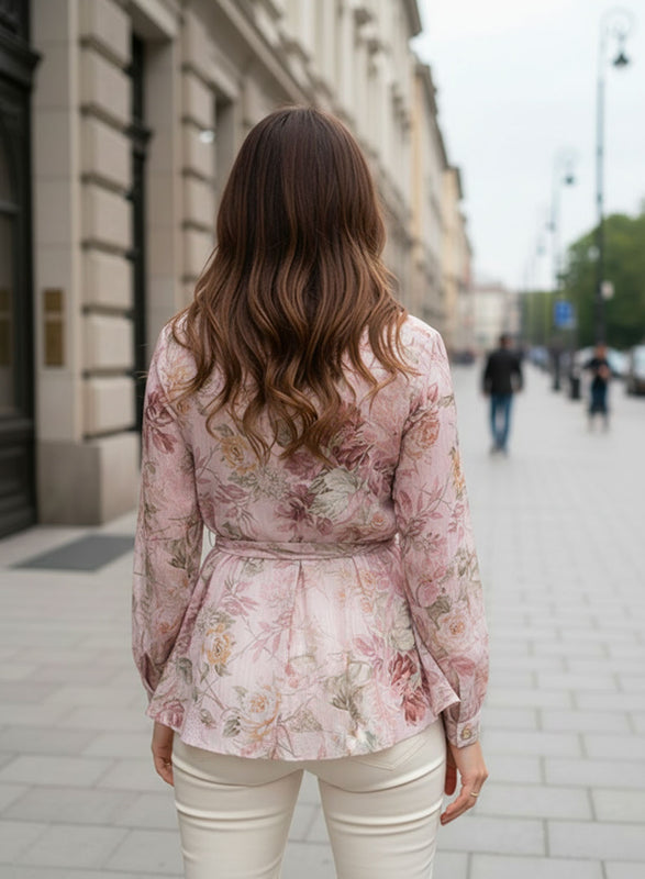 Camicia rosa Floreale con Cintura in Vita e Balze