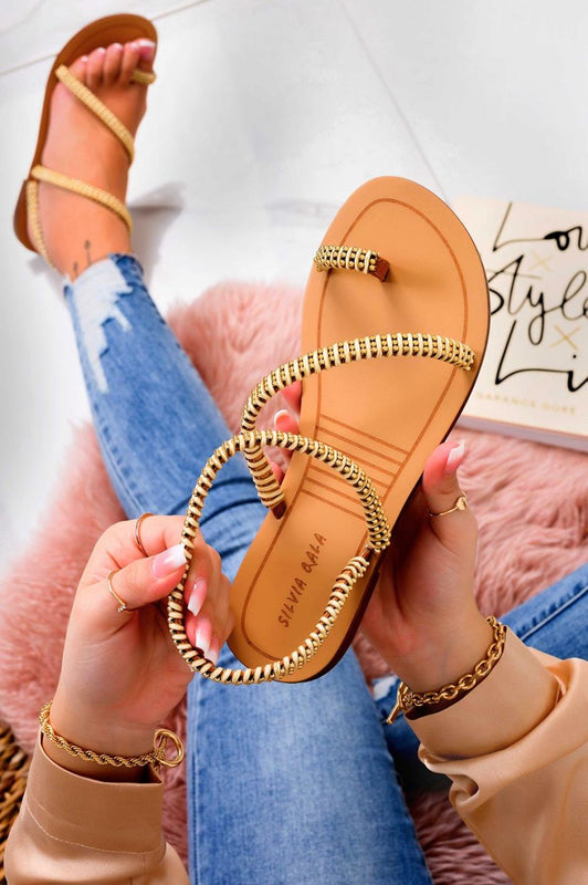 NADINE - Camel thong sandals with golden details