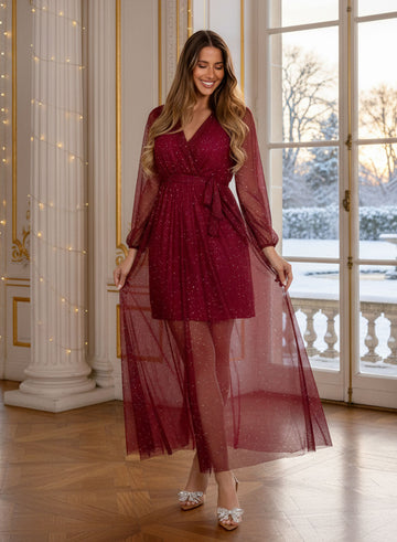 Robe longue bordeaux en voile avec paillettes