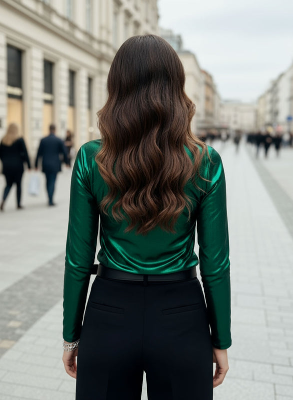 Metallic green top with soft neckline