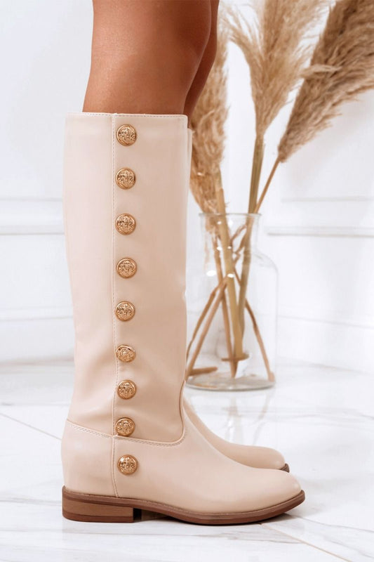 VALDA - Beige boots with golden buttons and inner wedge