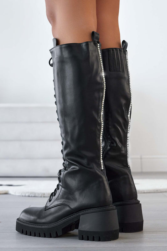 Bottes de combat Alexoo noires avec lacets et strass à l'arrière