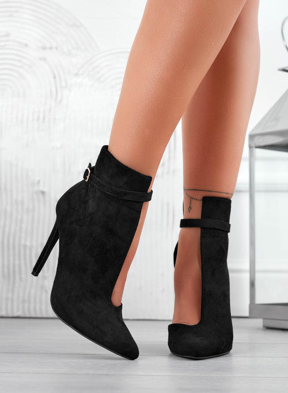 ADELAIDE - Black suede ankle boots with side opening and high stiletto heel