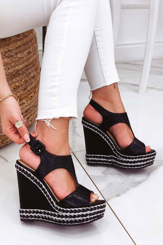 Black wedge sandals with silver rope inserts