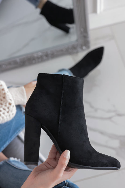 Black suede ankle boots with comfortable heel