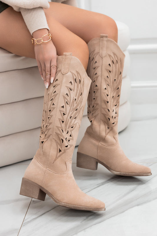 EASY - Beige cowboy perforated boots