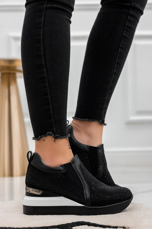 DARCEY - Black sneakers with rhinestones and wedge