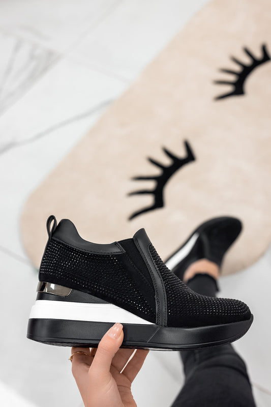 DARCEY - Black sneakers with rhinestones and wedge