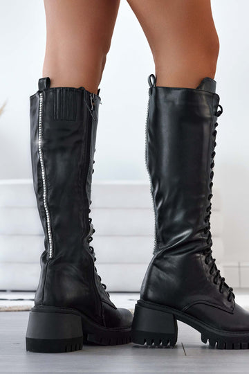 Alexoo black combat boots with laces and rhinestones on the back