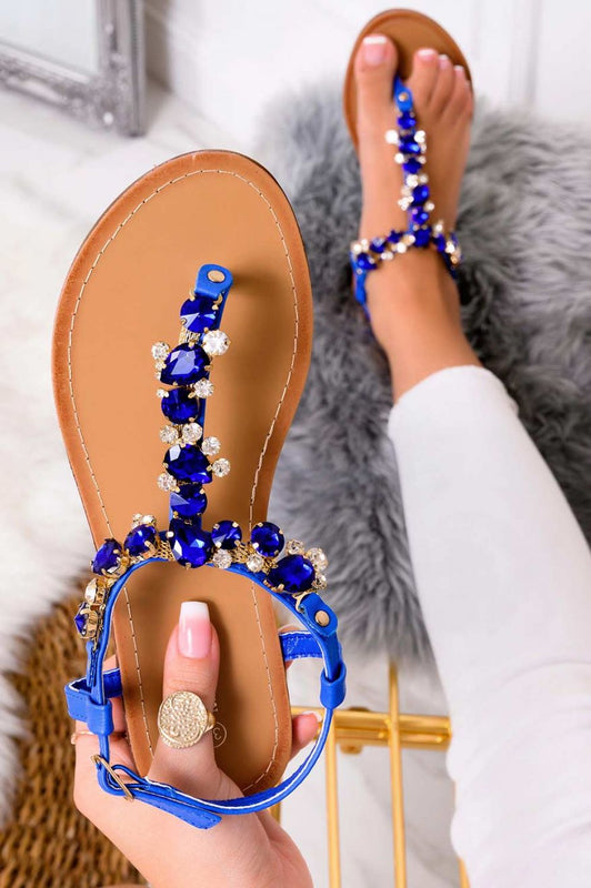NATALIA - Sandales tongs plats bijoux avec pierres bleues