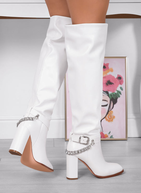 ALESSANDRA - Alexoo white boots over the knee with rhinestone chain