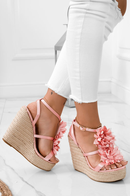 DIANA - Pink satin espadrille sandals with applied flower