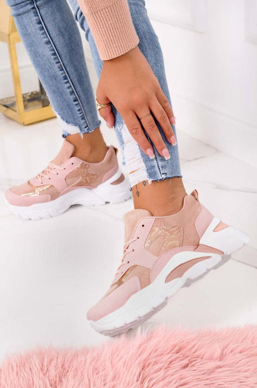 Pink sneakers with thick sole and rose gold inserts
