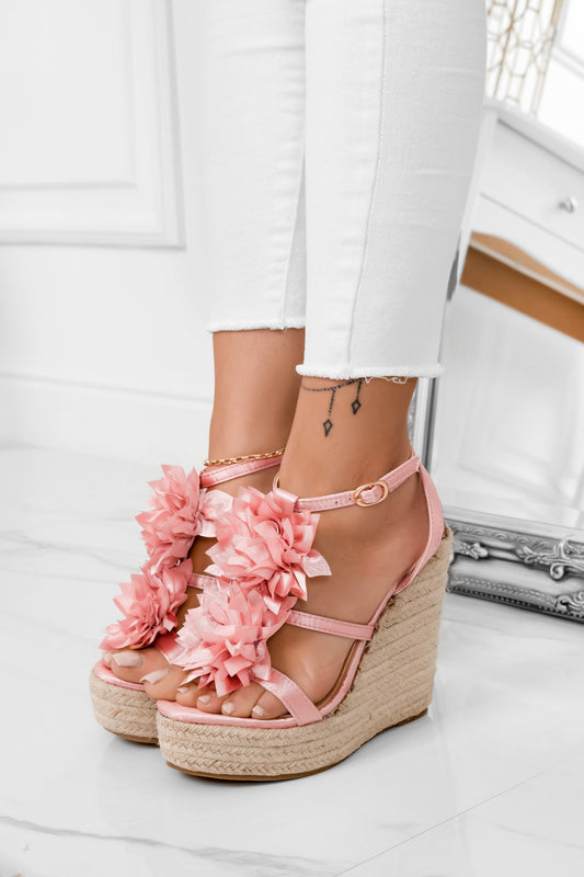 Pink satin espadrille sandals with applied flower
