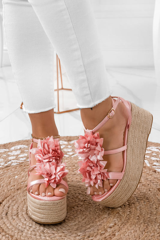 Sandali espadrilles rosa in raso con fiore applicato