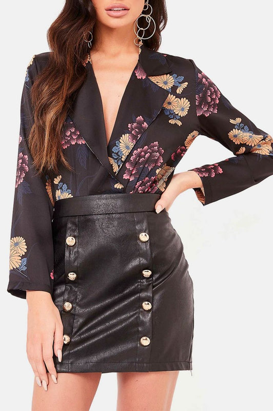 Black floral patterned bodysuit with plunging V-neckline