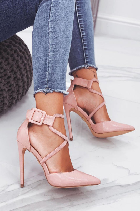 Escarpins roses effet crocodile à talons hauts