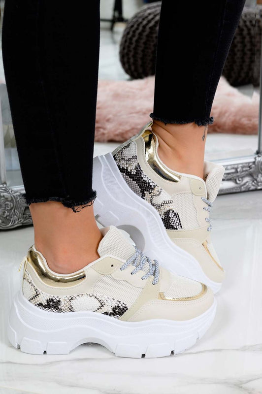 IRIS - Beige sneakers with chunky sole and python details