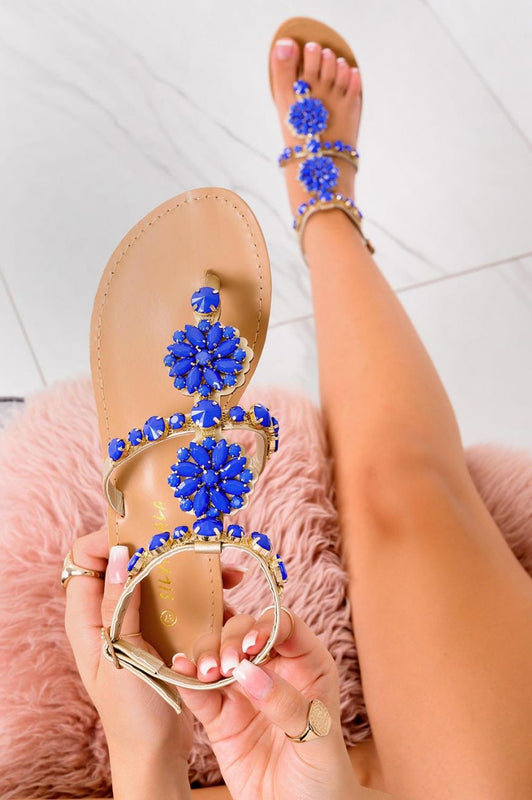 DENISE -  Golden thong sandals with blu rhinestones