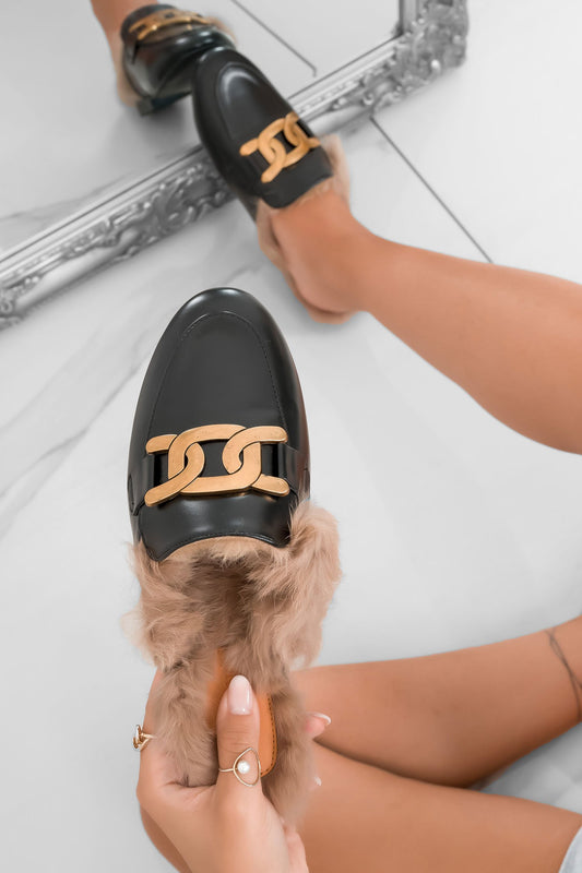CITRON - Black loafers open back with faux fur and gold chain