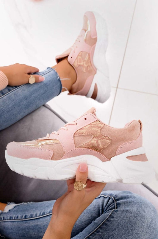 Pink sneakers with thick sole and rose gold inserts