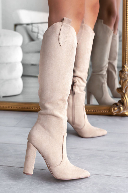 Beige suede Alexoo boots with comfortable heel