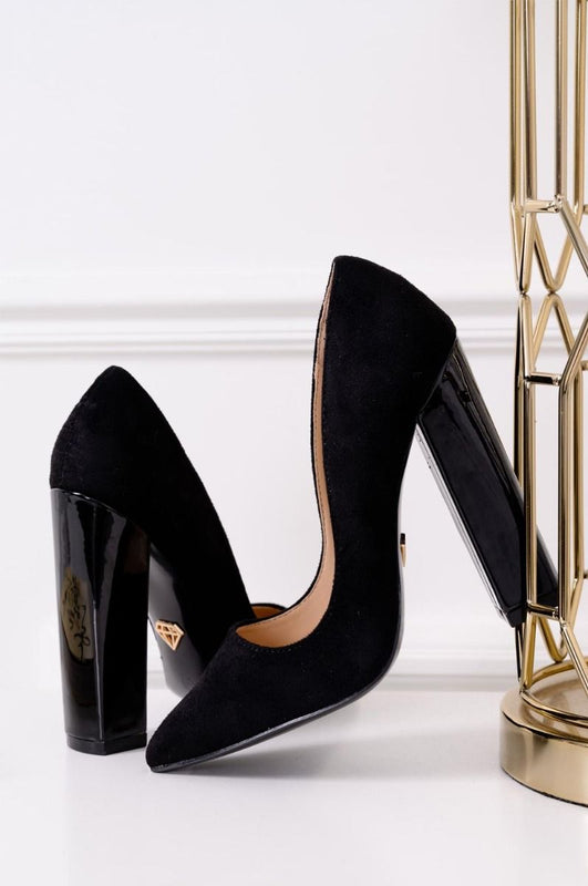 DELIA - Black suede pumps with block patent heel