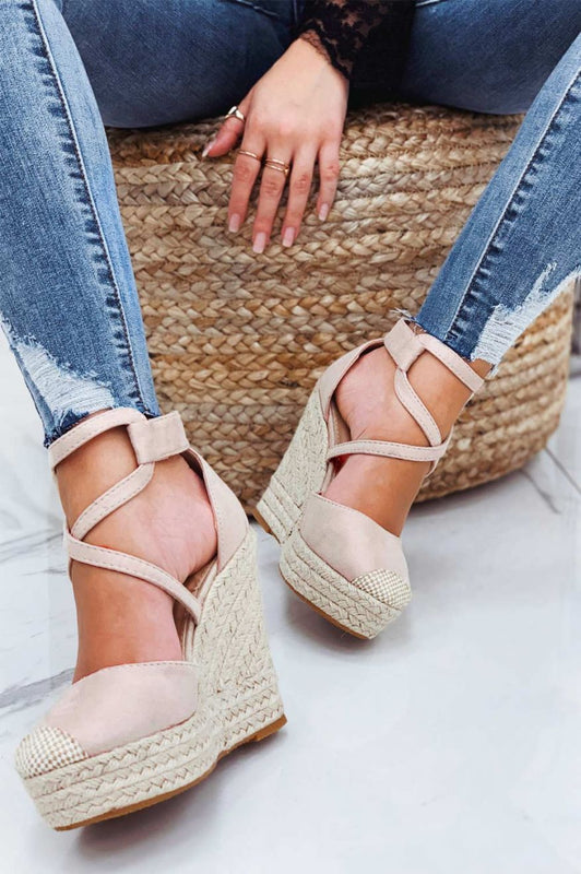 Espadrilles nude con zeppa e fasce ad incrocio