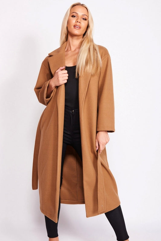 Long camel coat with waist drawstring